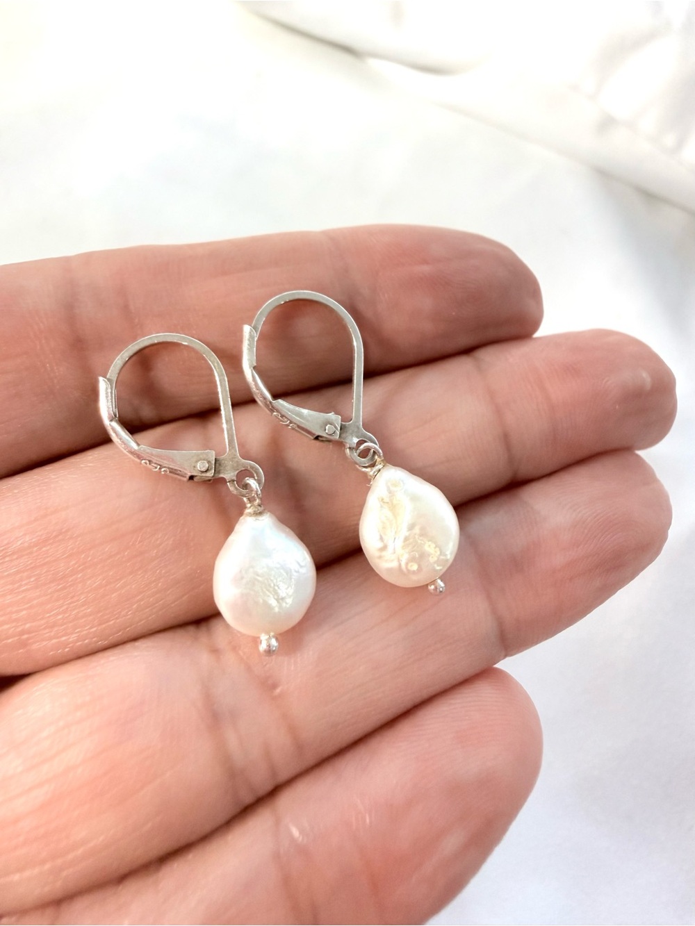 Sterling Silver White Baroque Pearl Drop Earrings